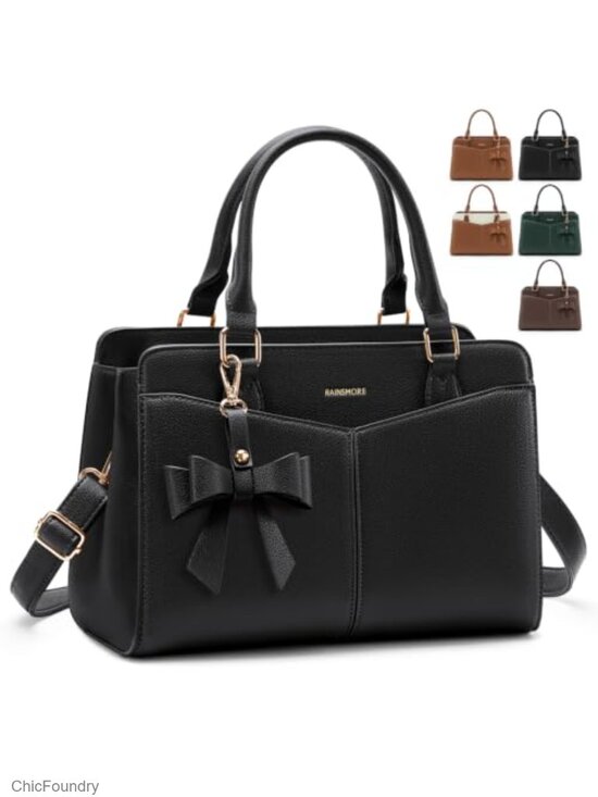 Handbags - PU Leather Structured Satchel Handbag with Bowknot and Shoulder Strap, Fits